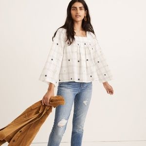 NWT Embroidered Windowpane Square-Neck Top